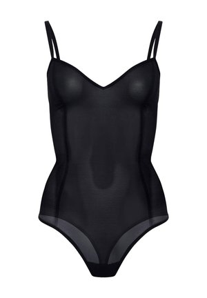 Zwarte bodysuit met verstelbare spaghettibandjes, V-hals, aansluitend ontwerp, doorzichtige textuur en naadloze randen voor een gladde afwerking.