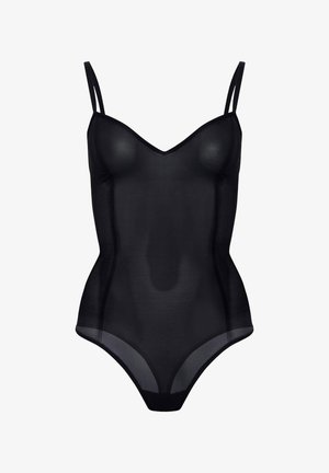 Zwarte bodysuit met verstelbare spaghettibandjes, V-hals, aansluitend ontwerp, doorzichtige textuur en naadloze randen voor een gladde afwerking.