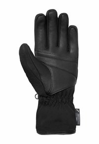 Black gloves with a leather exterior and fabric cuff. Features include a contoured shape, elastic wrist, and waterproof label.