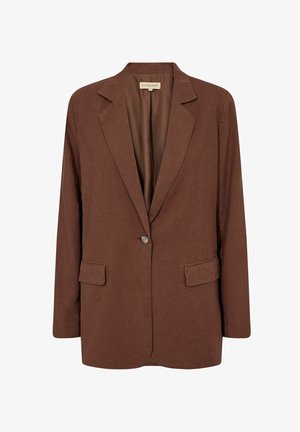 Brown, textured blazer with a single button, notch lapels, and two front pockets. Inside is lined in a matching brown fabric.