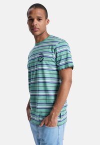 Striped t-shirt in green with blue and white horizontal lines, cotton material, with a round neck and a logo design on the left chest.