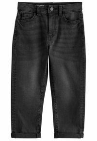 Pantalons en denim noir à coupe ample, avec fermeture �à bouton, passants de ceinture et ourlets roulés. Texture lisse avec un léger dégradé.