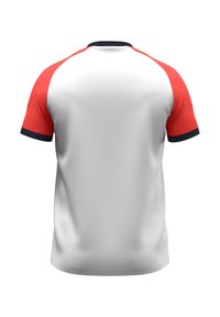 Kurzarm-Sportshirt mit weißem Körper, roten Schulterpaneelen und marineblauen Akzenten an den Ärmeln und dem Kragen, aus einem glatten Stoff gefertigt.