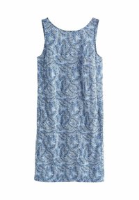 Blaues ärmelloses Kleid mit einem Blattmuster in dunklerem Blau, aus leichtem Stoff, mit einem runden Ausschnitt und geradem Schnitt.