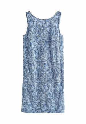 Robe sans manches bleue avec un motif de feuilles en bleu foncé, fabriquée en tissu léger, avec un col rond et une coupe droite.