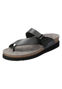 Sandale en cuir noir avec deux straps croisés, boucle ajustable, semelle en liège, doublure en suede gris et semelle extérieure en caoutchouc noir.