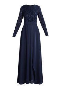 Longue robe bleu marine avec manches longues en dentelle, corsage ajusté en dentelle et jupe plissée fluide avec une fente à l'avant.