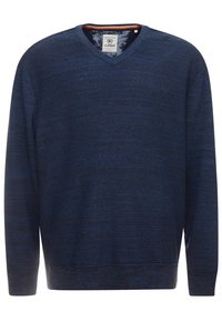 Navy blue V-neck sweater made of textured knit fabric. Features long sleeves and ribbed cuffs, with a subtle patterned design throughout.