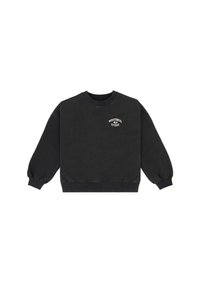 Schwarzer Pullover mit Rundhalsausschnitt, gerippten Bündchen und Saum. Mit einem weißen gedruckten Logo auf der Brust. Weicher Stoff, lässige Passform.