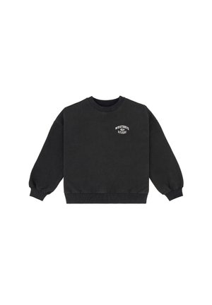 Zwarte sweatshirt met een ronde hals, geribbelde boorden en onderkant. Bevat een witte geprinte logo op de borst. Zacht materiaal, losse pasvorm.