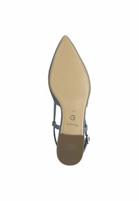 Scarpa con tacco azzurro chiaro, punta affilata e cinturino alla caviglia. Presenta una suola testurizzata e un marchio all'interno. Taglia 37.