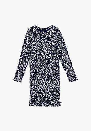 Langærmet navyblå kjole med hvidt abstrakt blomsterprint og rund halsudskæring, vist fladt på en hvid baggrund.