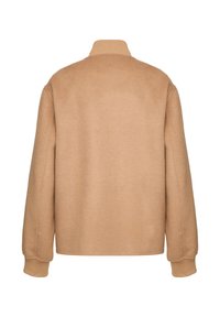 Tan wollen jasje gemengd met andere stoffen, met een zachte textuur, een geribde kraag en manchetten. Heeft een relaxte pasvorm en een minimalistisch ontwerp, weergegeven vanuit de achterkant.
