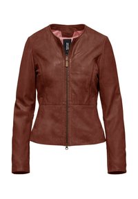 Giacca in pelle marrone con colletto rotondo, chiusura frontale con zip e due tasche laterali; texture liscia con una silhouette aderente.