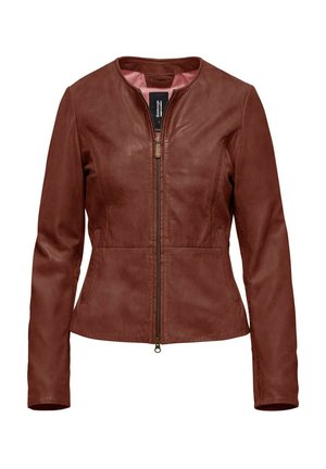 Giacca in pelle marrone con colletto rotondo, chiusura frontale con zip e due tasche laterali; texture liscia con una silhouette aderente.