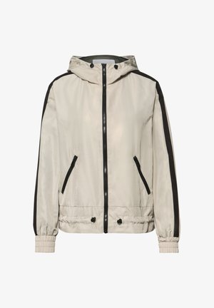 Beige hooded jacket with black zipper, black side stripes, elastic cuffs, and zippered front pockets.