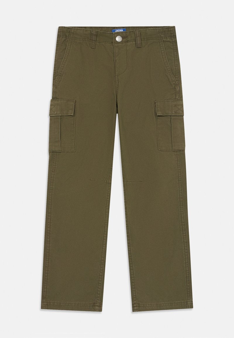 Calças cargo verde-azeitona com dois bolsos laterais, fecho de botão e passantes para cinto. Feitas de tecido durável com uma textura suave.