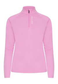 Hellrosa langärmliges Sportoberteil mit einem Halb-Reißverschluss-Kragen, das eine enge Passform hat und ein Logodesign auf dem linken Ärmel aufweist. Glattes, dehnbares Material.