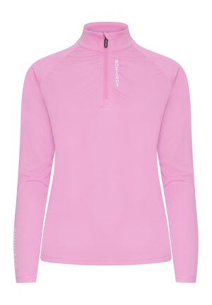 Lichtroze sporttop met lange mouwen en een halve ritssluiting, met een aansluitende pasvorm en een logodetail op de linkermouw. Gladde, rekbare stof.