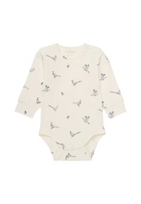 Långärmad krämfärgad babybody med tryck av blå fåglar, med rund halsringning och knappstängningar i botten. Tillverkad av bomullsmaterial.