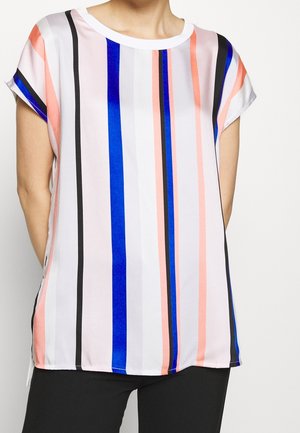 Korte mouwen blouse van lichtgewicht stof met verticale strepen in roze, blauw, zwart en wit, voorzien van een ronde hals en zijspelden.