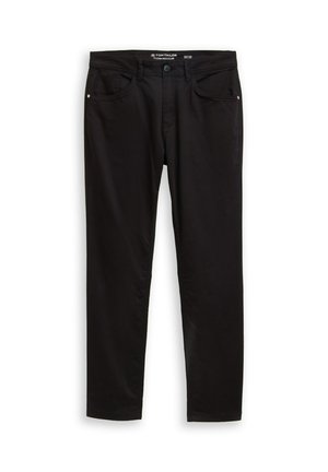 Schwarze Denim-Hosen mit regulärer Passform, ausgestattet mit fünf Taschen, einem Knopfverschluss und feinen Steppnähten. Glatte Textur.