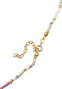 Beaded necklace featuring pastel-colored beads in pink, white, green, and blue, accented with gold hardware and a clasp closure.