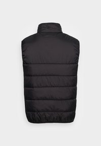 Svart pufferväst med hög krage, quiltat mönster och en slät, blank yta. Bakifrån syns horisontell sömnad och en avslappnad passform.