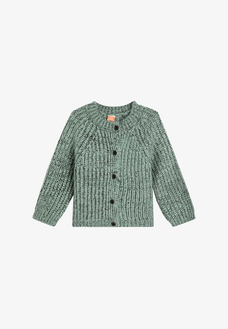 Grüne Strickjacke mit Rundhalsausschnitt, langen Ärmeln und schwarzen Knöpfen. Mit einem strukturierten Muster sowie gerippten Bündchen und Saum.