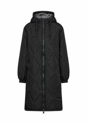 Černá prošívaná parka s kapucí, která má plný přední zip, diagonální diamantový vzor a elastické manžety. Hladká, lehká tkanina.
