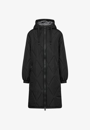 Zwarte gewatteerde parka met een capuchon, voorzien van een volledige rits aan de voorkant, diagonaal ruitpatroon en elastische manchetten. Glad, lichtgewicht stof.