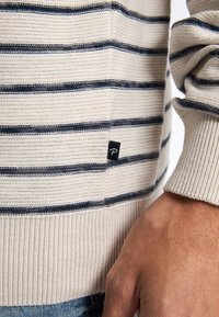 Gebreid sweater met horizontale marineblauwe strepen op een beige achtergrond. Heeft ribgebreide manchetten en een klein zwart logolabel aan de zijkant.