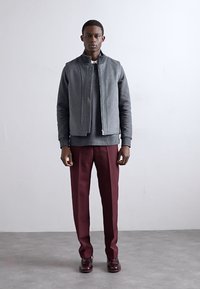 Pelēks zip-up bomber jakas virs pelēka džempera, apvienots ar bordo biksēm un tumšām kurpēm. Gluda auduma un strukturēts dizains.