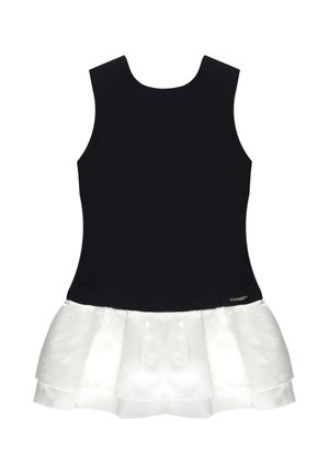 Abito nero senza maniche con corpetto aderente e orlo della gonna bianco a più strati e con volant.