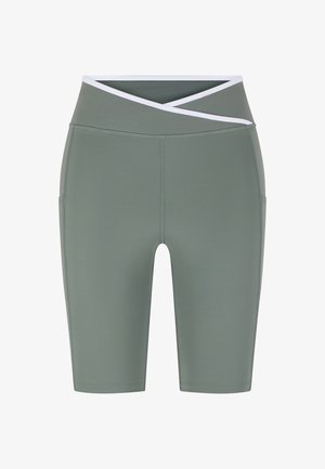Pantaloncini sportivi grigi a vita alta con fascia bianca incrociata in vita e tasche laterali.