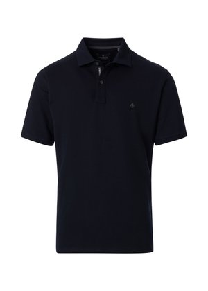 Navy blue short-sleeve polo shirt with collar, button placket, and small embroidered logo on the left chest.