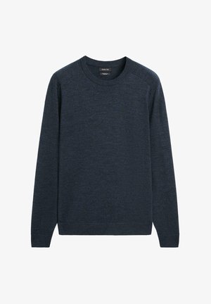 Mørkeblå crewneck-trøje i blødt stof med lange ærmer, ribbet manchet og kant, med en glat tekstur og minimalistisk design.