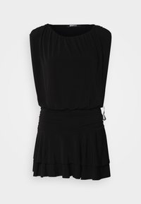 Vestido preto com mangas curtas, decote franzido, cintura drapeada e bainha em camadas com volantes. Feito de um tecido leve e suave.