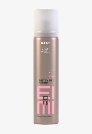 Wella Professionals EIMI Mistify Me Strong sneldrogende haarspray in een metalen roségouden fles met witte dop en roze tekstaccenten.
