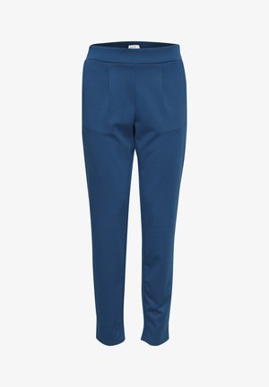 Schmal geschnittene blaue Hose mit einer weichen Textur, ausgestattet mit einem glatten elastischen Bund und zwei vorderen Taschen. Hergestellt aus einem leichten Material.