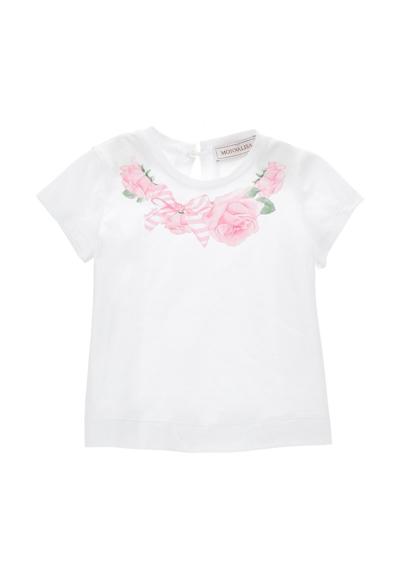 T-shirt bianco in cotone con stampa floreale di rose rosa e un nastro a righe rosa sul petto. Maniche corte e chiusura a occhiello sul retro.