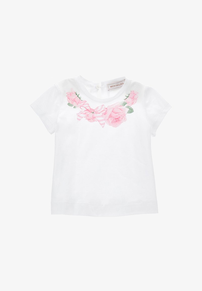 T-shirt bianco in cotone con stampa floreale di rose rosa e un nastro a righe rosa sul petto. Maniche corte e chiusura a occhiello sul retro.