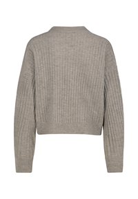 Beige geripptes Strickpullover mit langen Ärmeln und rundem Halsausschnitt, von hinten gezeigt.