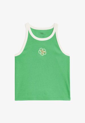 Zielony prążkowany top na ramiączkach z białą lamówką i małym, wielokolorowym haftem kwiatowym na przodzie. Gładka faktura, swobodny design.