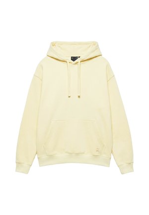 Hellgelber Kapuzenpullover mit Fronttasche und Kordeln, langen Ärmeln sowie gerippten Bündchen und Saum.