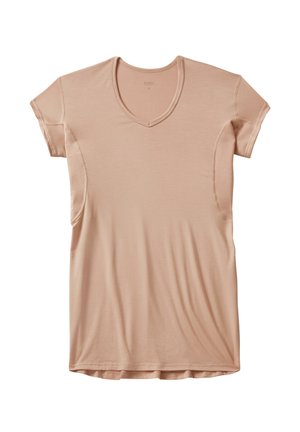 Light pink V-neck t-shirt made of soft, thin fabric. Short sleeves and a relaxed fit with visible stitching along the neckline and sleeves.
