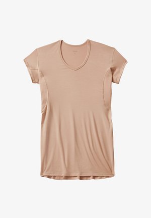 Light pink V-neck t-shirt made of soft, thin fabric. Short sleeves and a relaxed fit with visible stitching along the neckline and sleeves.