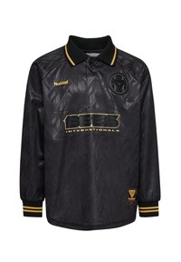 Svart långärmad jersey med en texturerad mönster, gula accenter, polo krage och varumärke på bröstet och ärmarna.