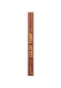 Prodotto labbra in un tubo trasparente con etichetta dorata e marrone, con il testo "COLOR PUMP" e "ultrapigmentato" in un carattere moderno.