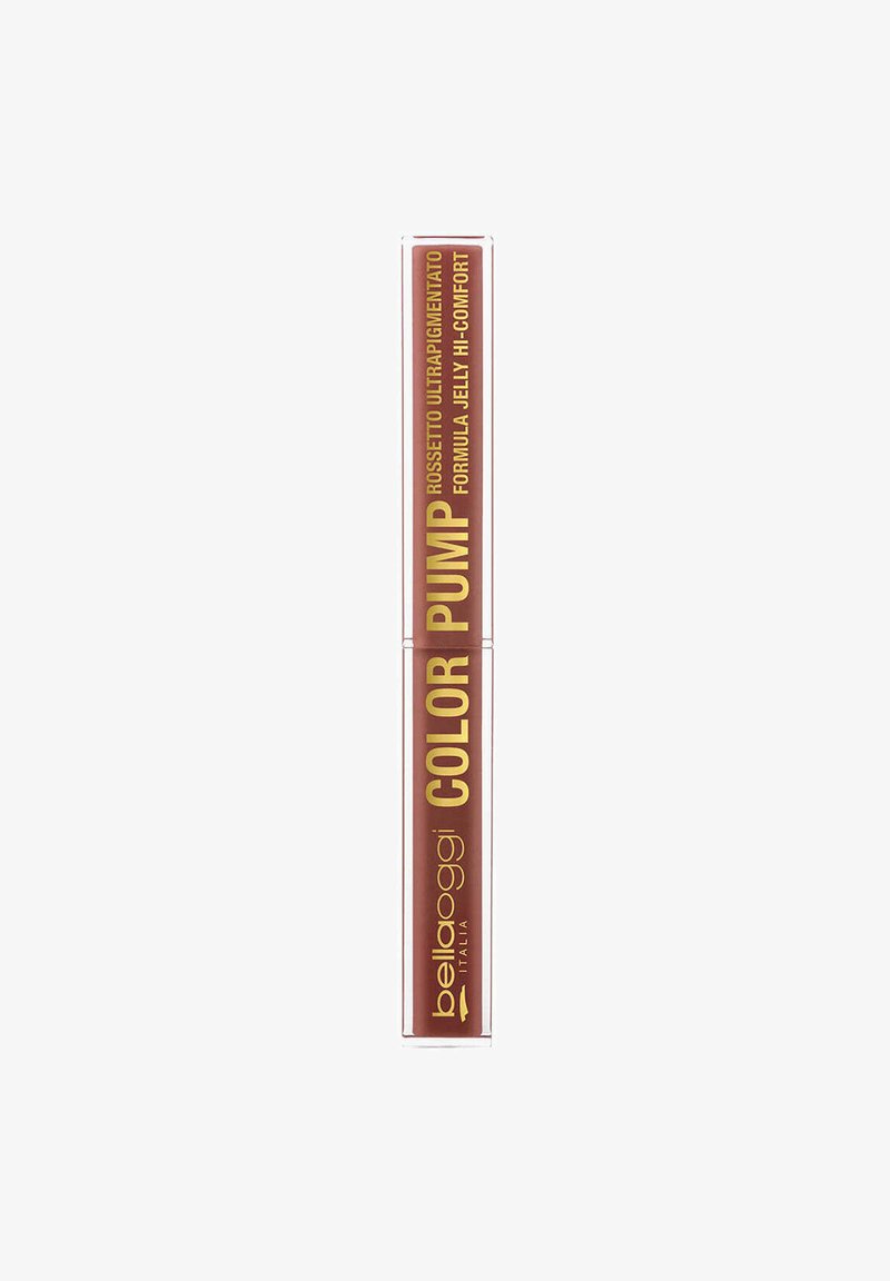 Prodotto labbra in un tubo trasparente con etichetta dorata e marrone, con il testo "COLOR PUMP" e "ultrapigmentato" in un carattere moderno.